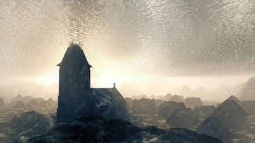 Simulação da igreja de Rungholt, cidade submersa no Mar de Wadden. - Imagem: Reprodução / Pixabay