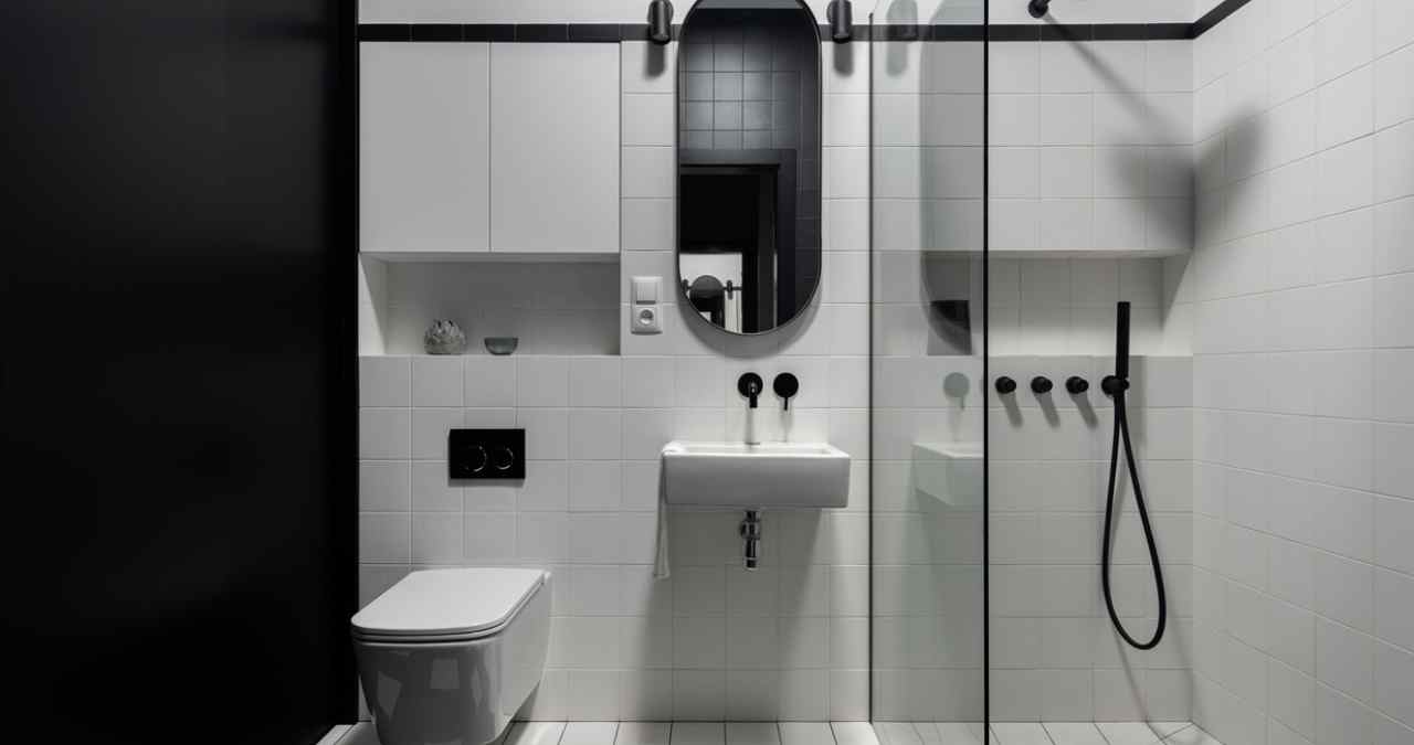 exemplo de banheiro pequeno com prateleiras práticas
