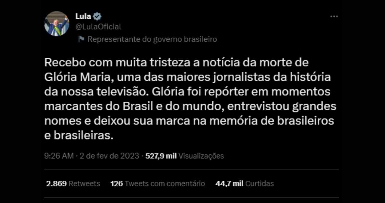 Twitter do presidente lula repercute falecimento de Glória Maria
