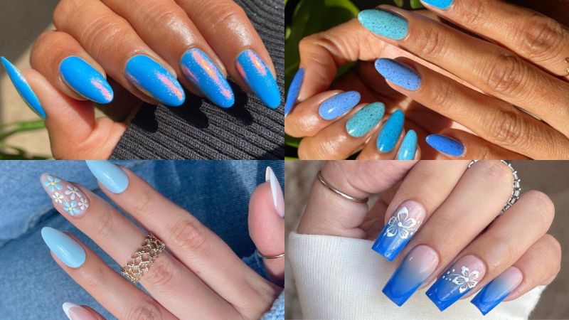 Adesivos e glitter são ótimos artifícios para decorar as unhas! Pontinhos brilhantes em azul escuro e desenhos florais funcionam bem com essa cor.