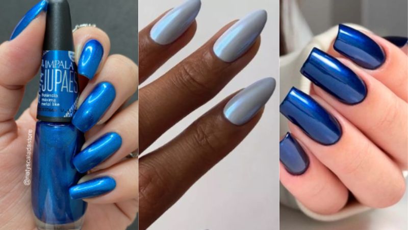 diferentes examplos de unhas pintadas com azul metálico